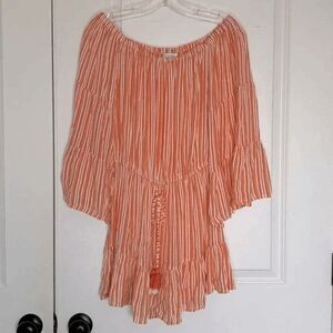 Blue Island Orange White Stripe Off Shoulder Tassel Tie Waist Mini Dress Cover